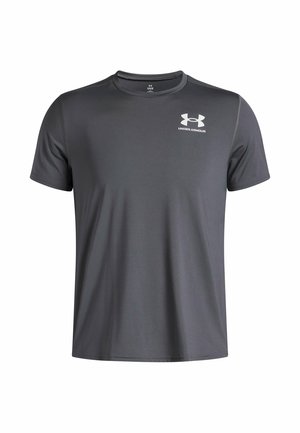 Grey athletic t-shirt made of lightweight material, featuring a crew neck, short sleeves, and a white Under Armour logo on the chest.