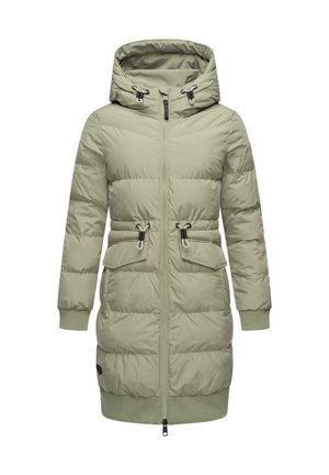 Long padded parka in light green, featuring a hood, front zipper, drawstring waist, two front pockets, and ribbed cuffs. Smooth texture.
