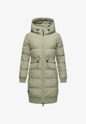 Long padded parka in light green, featuring a hood, front zipper, drawstring waist, two front pockets, and ribbed cuffs. Smooth texture.
