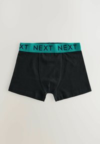 Crne bokserice od pamuka s tirkiznom elastičnom panturom na kojoj piše "NEXT" tamnoplavim slovima.
