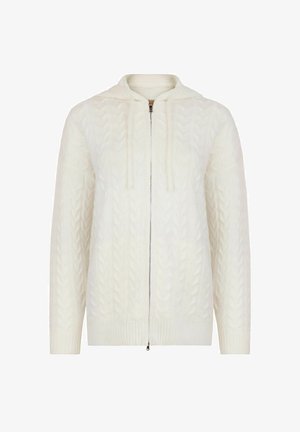 Cable-knit capuchon cardigan in off-white, met een ritsluiting, geribde manchetten en onderkant, van een zachte, textuurrijke stof.
