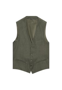 Gilet senza maniche verde oliva, realizzato in un tessuto texture, con cinque bottoni frontali e due tasche laterali. Fodera interna liscia di un tono più chiaro.