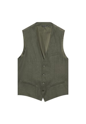 Gilet senza maniche verde oliva, realizzato in un tessuto texture, con cinque bottoni frontali e due tasche laterali. Fodera interna liscia di un tono più chiaro.