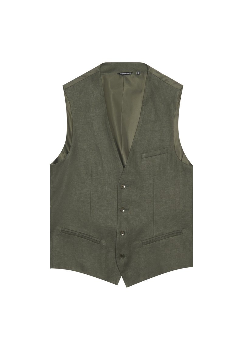 Gilet senza maniche verde oliva, realizzato in un tessuto texture, con cinque bottoni frontali e due tasche laterali. Fodera interna liscia di un tono più chiaro.