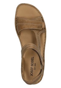 Světlé kožené sandály s otevřenou špičkou, nastavitelnými pásky a bílým prošitím. Mají polstrovanou stélku a texturovanou podrážku.