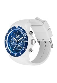 Orologio in gomma bianca con quadrante blu, presenta tre sottodial, hardware argentato e numeri arabi ben visibili su una lunetta testurizzata.