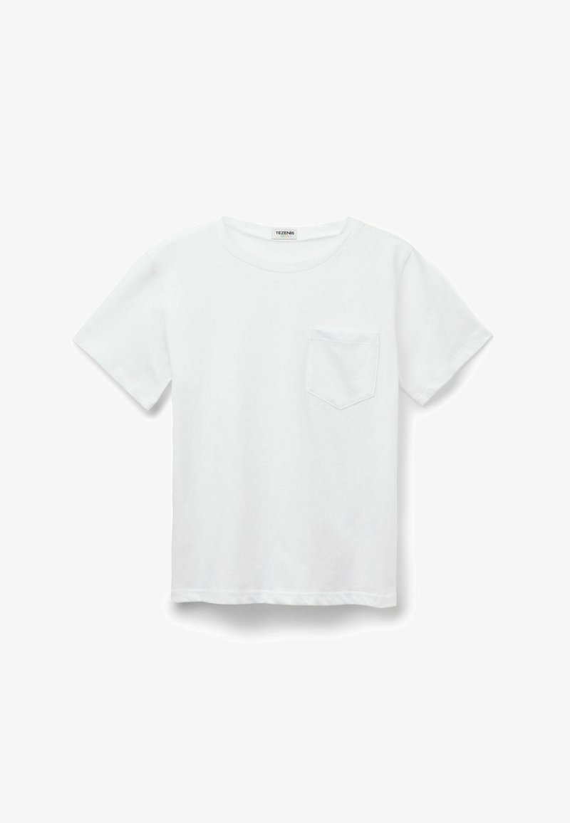Biała koszulka bawełniana z krótkimi rękawami, okrągłym dekoltem i pojedynczą kieszonką na lewej stronie. Prosty design i gładka tekstura.