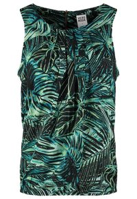 Haut sans manches avec un motif de feuilles tropicales vertes et noires, encolure ronde, plis à l'avant et fermeture éclair au niveau du col dans le dos.