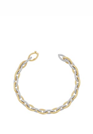 Zweitöniges Armband aus Gold und Silber mit verdrehter Kette und ineinandergreifenden ovalen Gliedern auf weißem Hintergrund.
