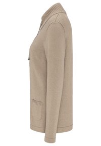 Beige gestrickter Pullover mit hohem Kragen, Frontreißverschluss und einer Tasche auf der linken Seite. Mit gerippten Bündchen und Saum.