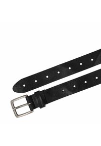 Schwarzer Ledergürtel mit strukturiertem Finish, der über mehrere Einstelllöcher und eine silberne Metallschnalle zum Verschließen verfügt.