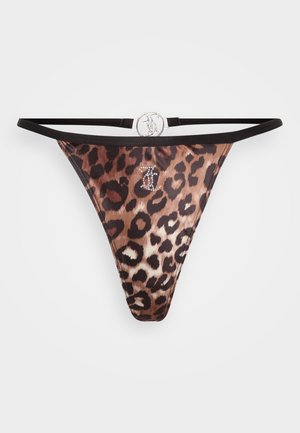 Tanga in stampa leopardata con spalline nere, caratterizzato da un accento in logo argento e dettagli in strass. Tessuto morbido con una superficie liscia.
