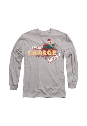 Gray long-sleeve t-shirt made from cotton. Features a rooster graphic with text "I'M IN CHARGE HERE!" in bold, colorful lettering.