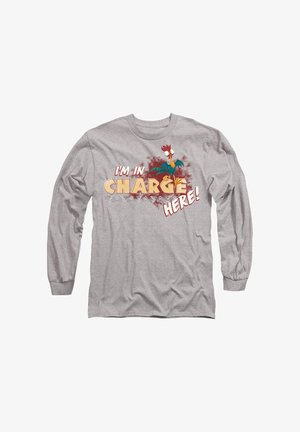 Graues Langarm-T-Shirt aus Baumwolle. Mit einem Hahngrafik und dem Text "ICH HABE DAS SAGEN HIER!" in fetter, bunten Schrift.