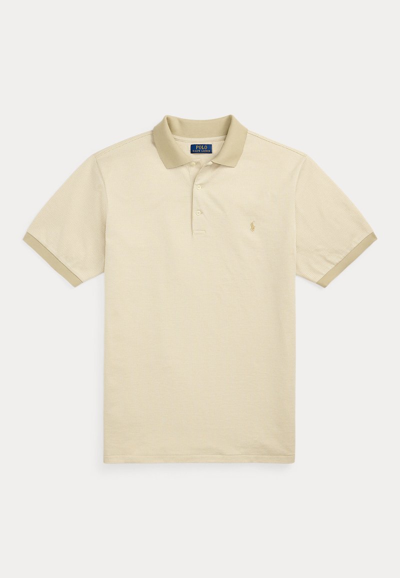 Beige polo shirt with a textured pattern, two-button placket, and a contrasting collar. Features a small embroidered logo on the chest.