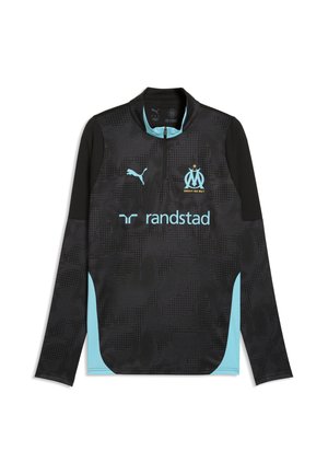Schwarzes und hellblaues Sporttrikot mit langen Ärmeln und Viertelreißverschluss, Puma-Logo, Olympique de Marseille-Emblem und Randstad-Sponsortext.