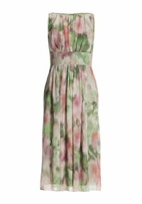 Trägerloses Kleid aus leichtem Stoff, mit einem floralen Muster in Rosa- und Grüntönen, plissiertem Design und tailliertem Bund.