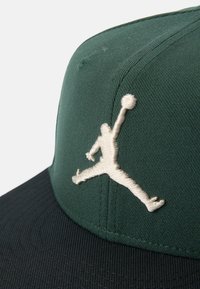 Zelená látková baseballová čiapka s čiernym okrajom, na prednej strane s bielym vyšívaným logom Jumpman, štruktúrovaný povrch.