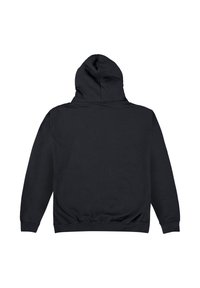 Černá mikina s kapucí na šňůrku, dlouhými rukávy, žebrovanými manžetami a žebrovaným pasem. Hladký textilní materiál, žádné viditelné grafiky.