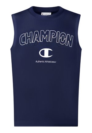 Canotta sportiva blu navy con testo e logo "Champion" in bianco, con la scritta "Authentic Athleticwear" stampata sotto il logo.