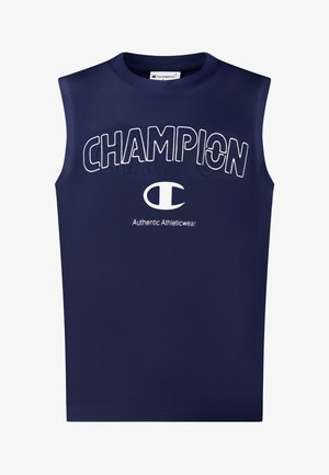 Canotta sportiva blu navy con testo e logo "Champion" in bianco, con la scritta "Authentic Athleticwear" stampata sotto il logo.
