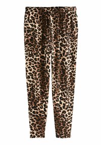 Pantalon en tissu doux à imprimé léopard, taille élastique et jambes fuselées, dans des tons marron, noir et beige.