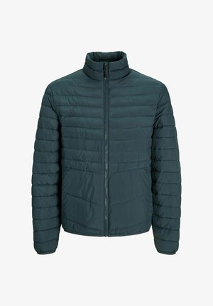 Chaqueta acolchada en verde oscuro con un alto cuello, diseño de acolchado horizontal, cremallera frontal completa y puños elásticos. Tejido texturizado con un acabado suave.