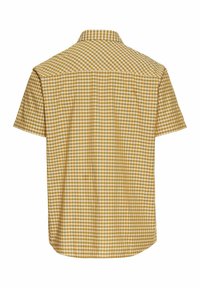 Korte mouwen shirt met een geel en grijs ruitpatroon, met een klassieke kraag en knoopsluiting aan de achterkant. Schoon, gladde textuur.