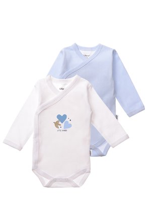 Two long-sleeve bodysuits: one in white with a blue design and text, the other in light blue with white stripes. Soft cotton material.
