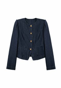 Chaqueta de denim en azul oscuro con mangas largas, cuello redondeado, cuatro botones dorados, ajuste estructurado y sutil textura de rayas verticales.