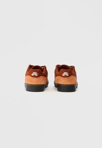 Brūni zābaki no zamša ar melnu gumijas zoli. Uz papēža ir balts Nike SB logs un augšējai daļai ir faktūru virsma.
