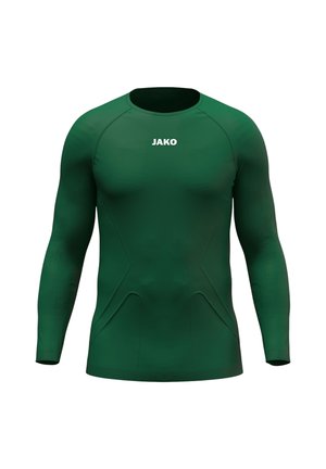 Dark green long-sleeve fitted sports shirt with crew neck and white "JAKO" logo on the chest.