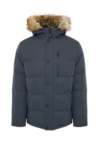 Puffjakke i mørkegrå med en aftagelig hætte med faux pels. Har en frontlynlås og knaplukning samt en lynlåslomme på brystet.