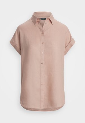Light pink linen shirt with a soft collar, short rolled sleeves, and a button-down front. Smooth texture with a curved hem.