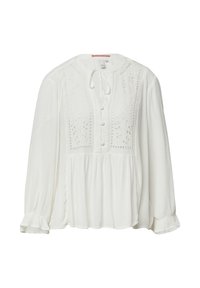 Weiße Bluse mit langen Ärmeln, rundem Halsauschnitt, vorderen Knöpfen, aufwendiger Stickerei auf der Brust und gerüschtem Nahtdetail am Saum.