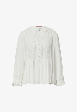 Weiße Bluse mit langen Ärmeln, rundem Halsauschnitt, vorderen Knöpfen, aufwendiger Stickerei auf der Brust und gerüschtem Nahtdetail am Saum.