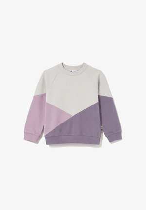 Bluza dziecięca z długim rękawem i okrągłym dekoltem, ozdobiona skośnymi blokami kolorów w kremowym, jasnofioletowym i lawendowym.