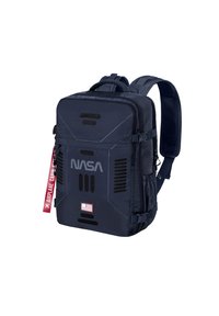 Navyblauer Rucksack mit NASA-Logo, mehreren Reißverschlussfächern, gepolsterten Mesh-Trägern, Aufnäher mit amerikanischer Flagge und rotem Etikett mit der Aufschrift "AIRPLANE CABIN".