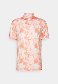 Poloko s krátkým rukávem v světle růžové a bílé barvě s květinovým vzorem, s límcem a třemi knoflíky u krku.