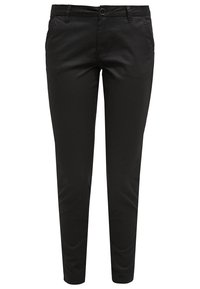 Pantalon noir ajusté à coupe slim avec fermeture à boutons et zip à l'avant, passants pour ceinture et poches latérales.