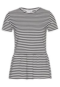 Randig svart- och vit kortärmad peplumtop, med rund halsringning och en samlad söm vid midjan, tillverkad av mjuk bomullstyg.