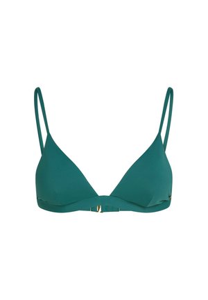 Zgornji del bikinija v barvi modrozelene s trikotnimi košaricami, tankimi nastavljivimi naramnicami in zlatim zaponko spredaj. Gladek, raztegljiv material z mat zaključkom.
