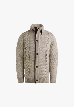 Kabelgebreide cardigan in lichtbeige met een tekstuurpatroon, geribde manchetten en een rits aan de voorkant. Heeft donkere bruinaccenten en knopen.
