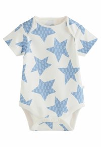 Kurzarmpolyesterbody aus weichem, weißem Baumwollmaterial mit einem blauen Sternenmuster und einem Karodesign. Druckknopfverschluss im Schritt.