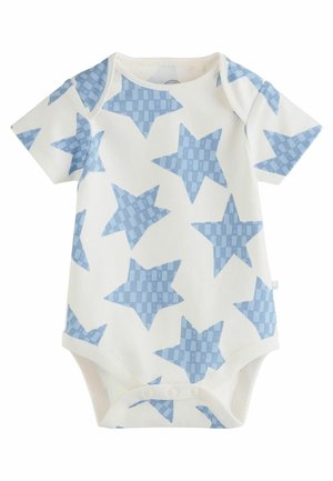 Kurzarmpolyesterbody aus weichem, weißem Baumwollmaterial mit einem blauen Sternenmuster und einem Karodesign. Druckknopfverschluss im Schritt.