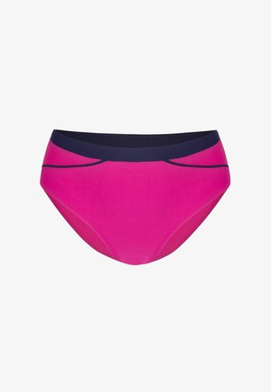 Różowe bikini dolne z granatowym pasem, o gładkiej fakturze i zaokrąglonym kształcie. Udekorowane cienkimi granatowymi liniami z przodu.