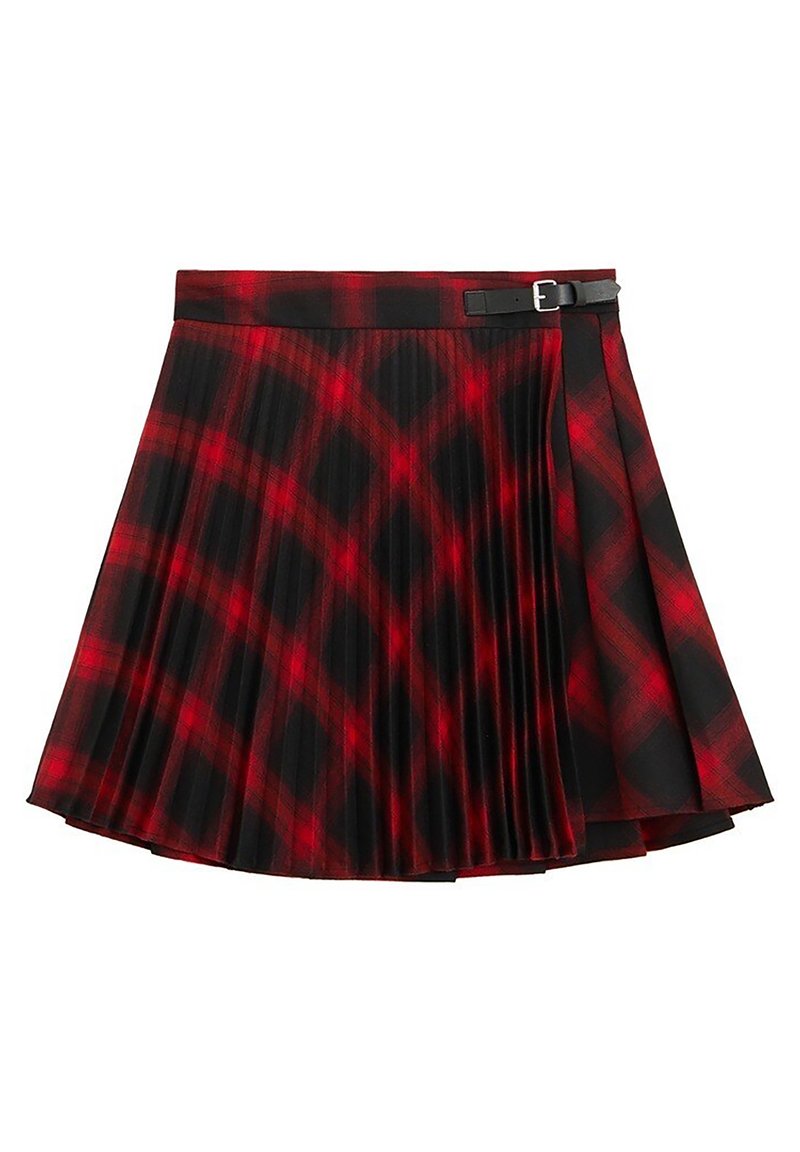 Jupe plissée à carreaux rouges et noirs avec une fermeture à boucle noire à la taille, longueur au genou et évasée.