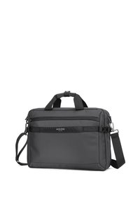 Zwarte laptoptas van duurzaam materiaal, uitgerust met dubbele handvatten bovenaan, een afneembare schouderriem, een voorvak en een gestructureerde afwerking.