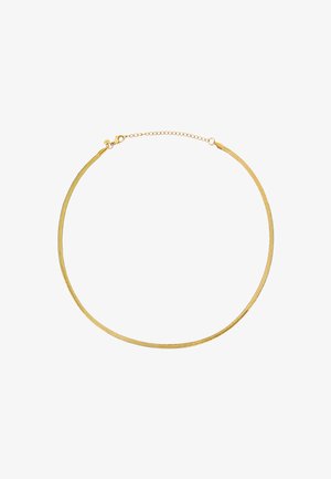 Collier en chaîne serpent dorée avec fermoir à homard et chaîne d'extension réglable sur fond blanc.