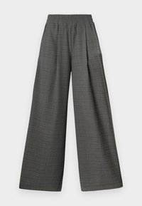 Grijze geruite broek met een wijde pijp, elastische tailleband en een textuurstof met een ruitenpatroon in donkere tinten.
